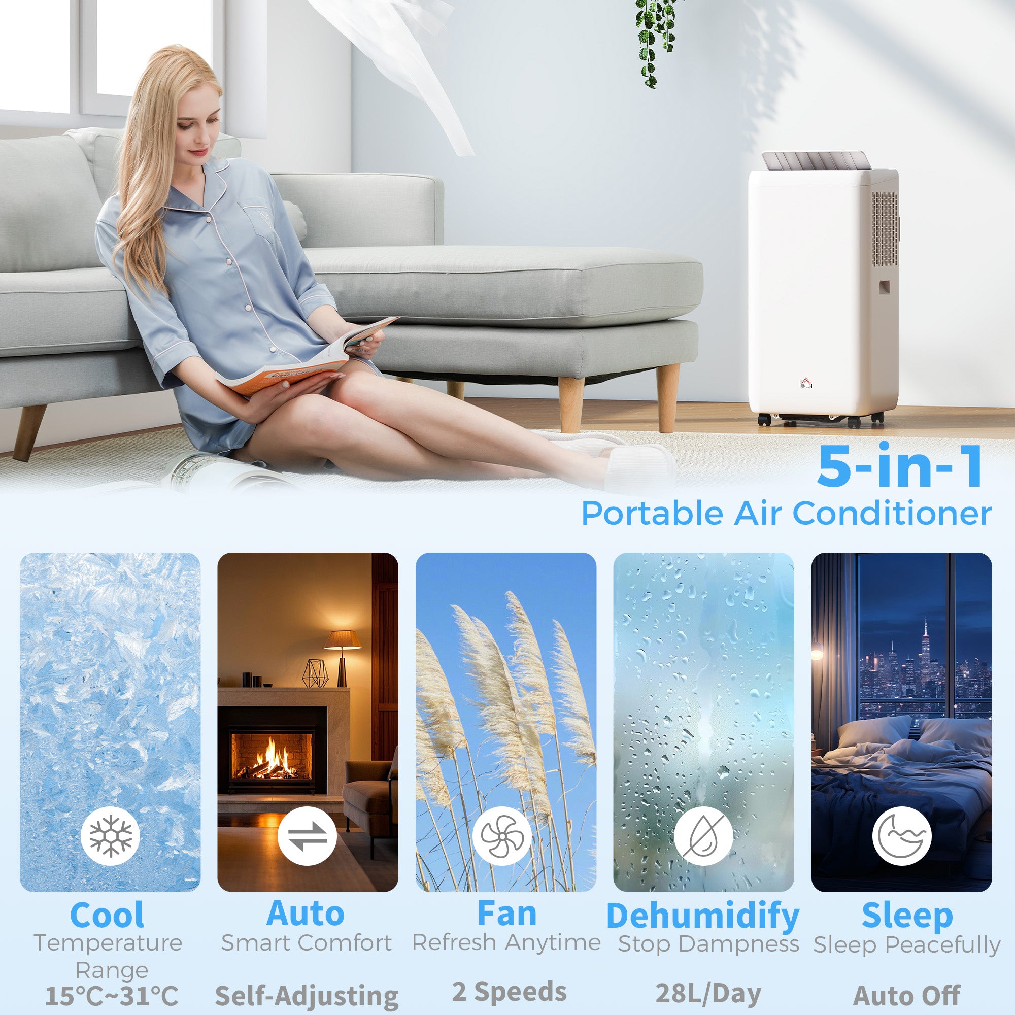 12,000 BTU 5-in-1 Mobile Air Conditioner, 35m² Radius - White