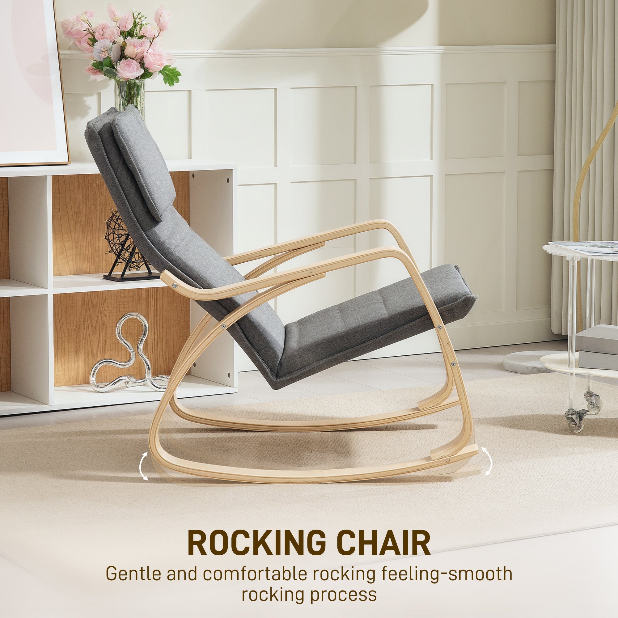 HOMCOM Comfortable Relax Rocking Chair, Upholstered Lounge Chair Recliner with High Back and Headrest for Living Room, Bedroom, Grey