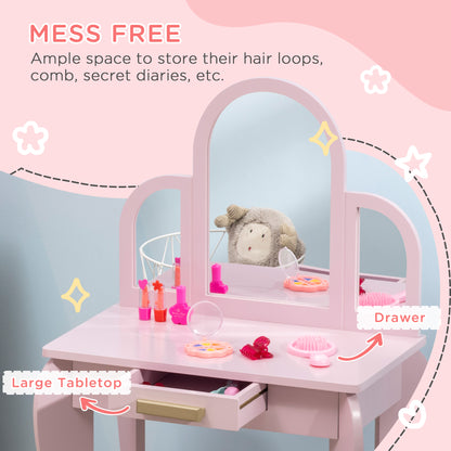 Kids Dressing Table Set, with Mirror and Drawer - Pink