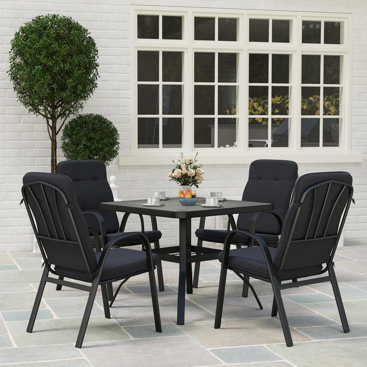 Patio Dining Set – Glass Table with Parasol Slot