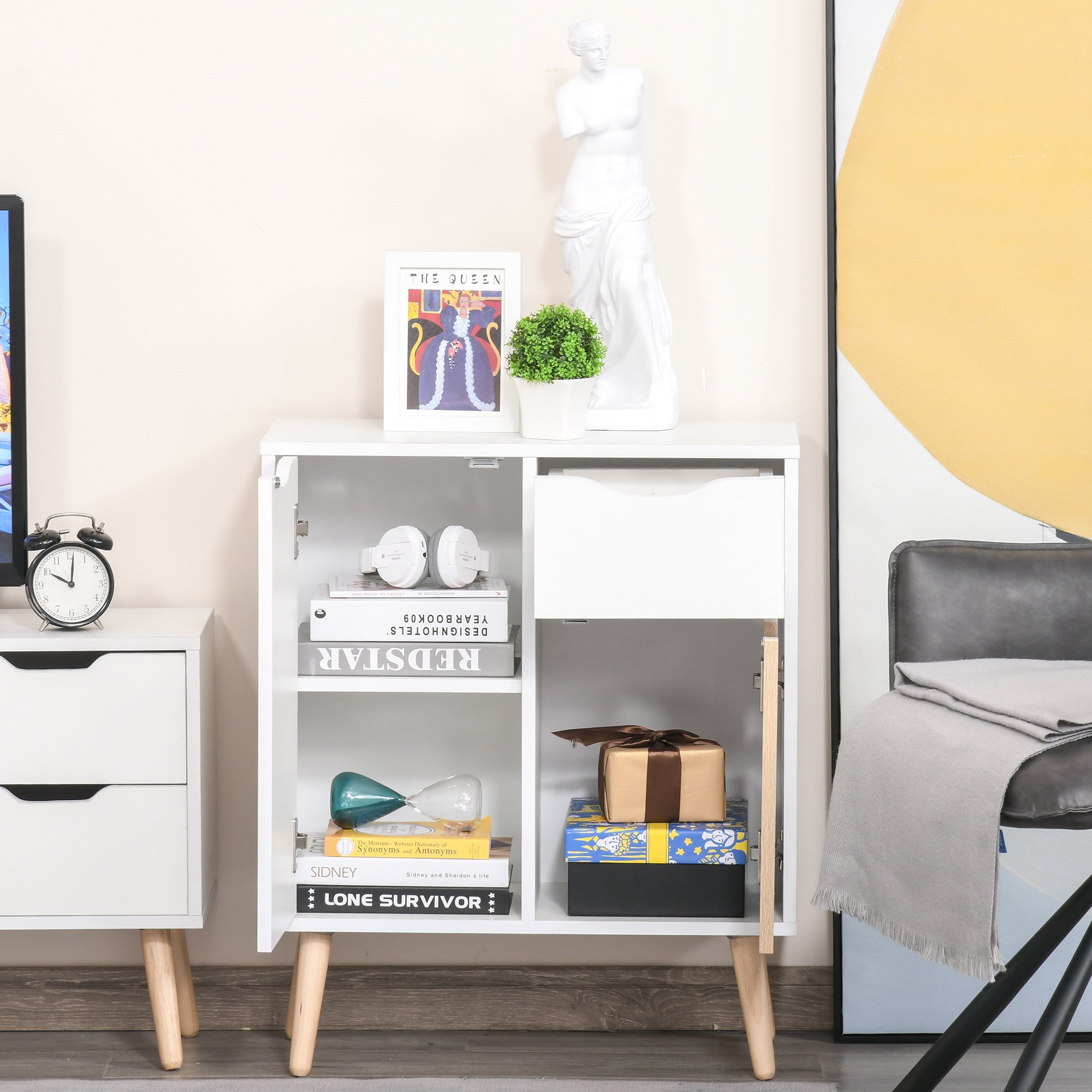 HOMCOM Sideboard Floor Cabinet Storage Cupboard with Drawer and Solid Wood Legs for Bedroom, Living Room, Entryway, Brown