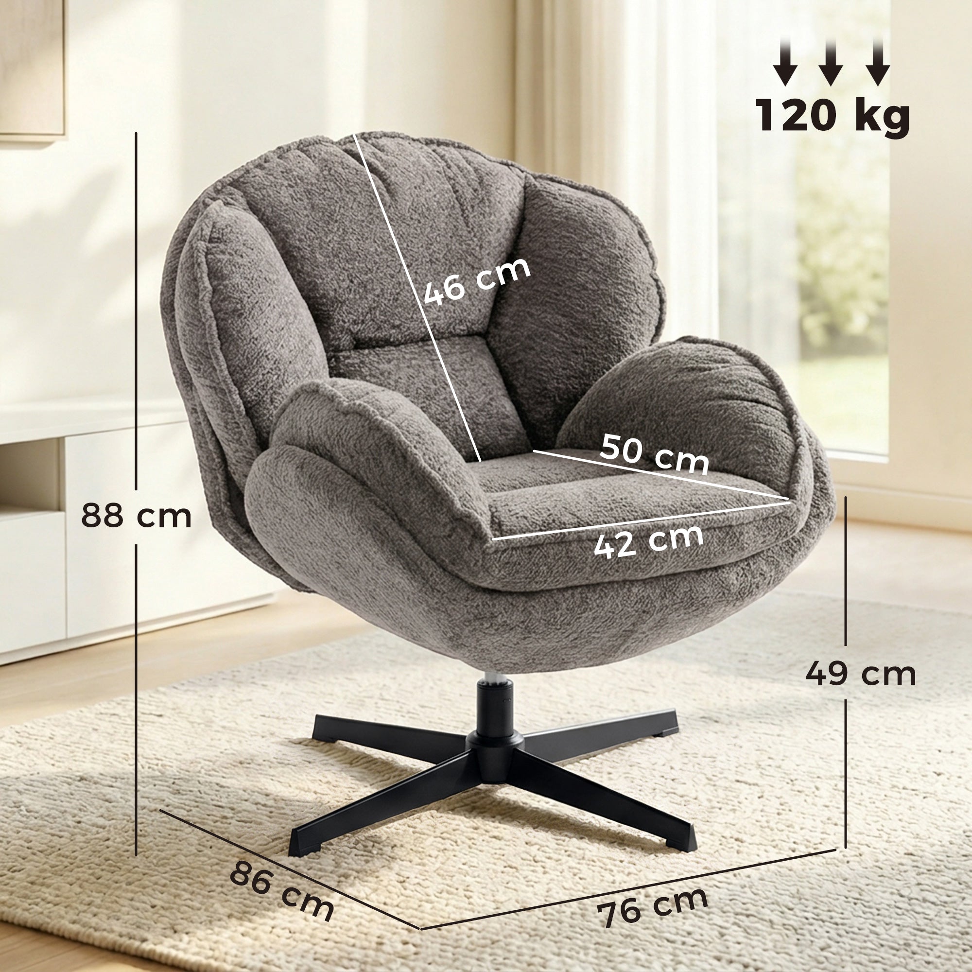 HOMCOM Modern Wingback Accent Chair, Velvet Armchair with Four-Star Base, S-Springs, Swivel, Grey