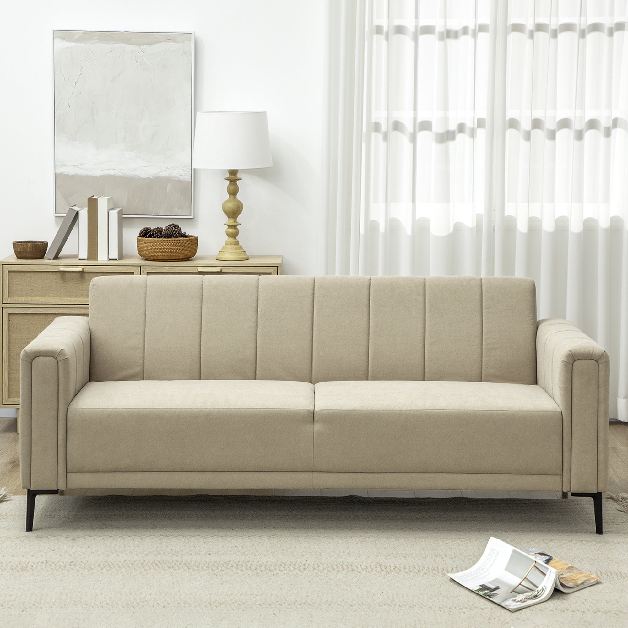 HOMCOM 3 Seater Sofa, Modern Fabric Sofa Couch, Channel Tufted Upholstered Sofa Settee for Living Room, Guest Room, Bedroom, Home Office, Khaki