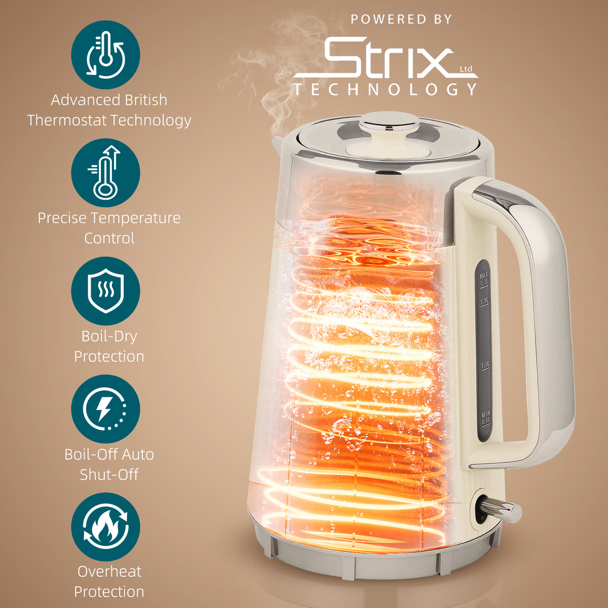 Electric Stainless Steel Kettle and Toaster Set, 3000W 1.7L UK Strix Thermostat Fast Boil Kettle w/ Limescale Filter, Cool Touch Body, 4 Slice Toaster with 7 Browning Levels, Cream White