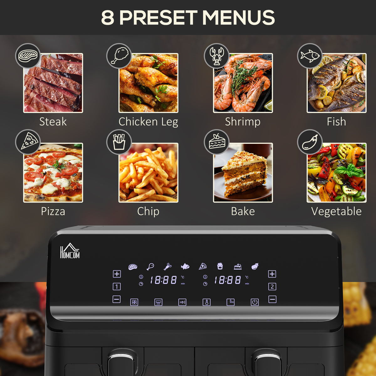 8L Dual Basket Air Fryer, 8-in-1 Air Fryer Oven with Digital Display, Visible, Timer, Preheat for Oil Free Low Fat Cooking, 2500W, Sync Finish, Sliver