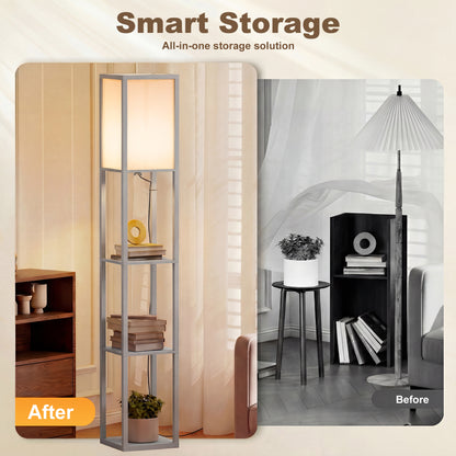 3-Tier Floor Lamp with Shelves and Storage, Modern Corner Standing Lamp with Lampshade, Reading Light with Foot Switch for Living Room, Bedroom, Home Office, Bulb not Included, Grey