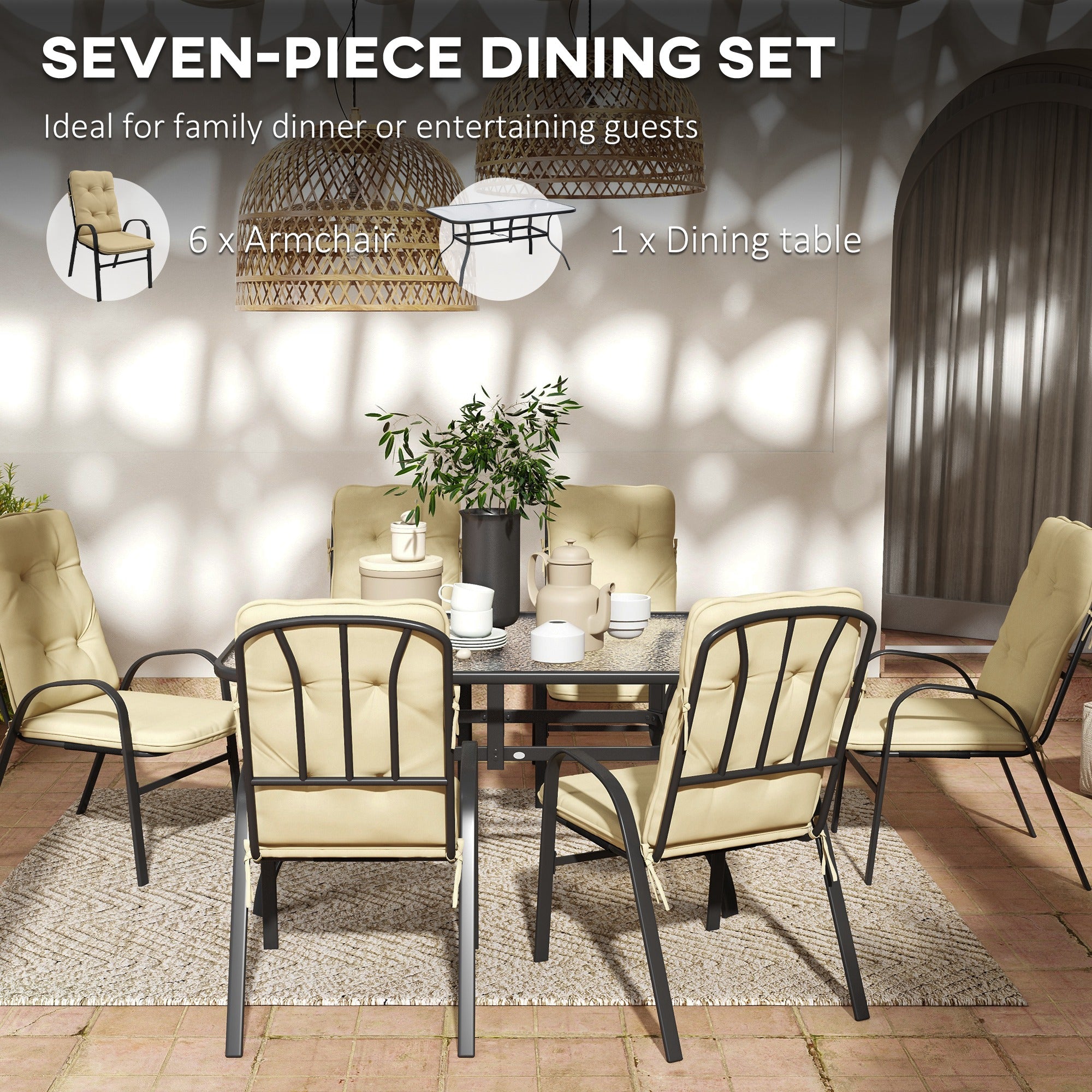Outsunny Seven-Piece Garden Dining Set with Ripple Tempered Glass Tabletop and Full-size Cushions - Beige