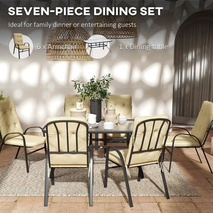 Outsunny Seven-Piece Garden Dining Set with Ripple Tempered Glass Tabletop and Full-size Cushions - Beige