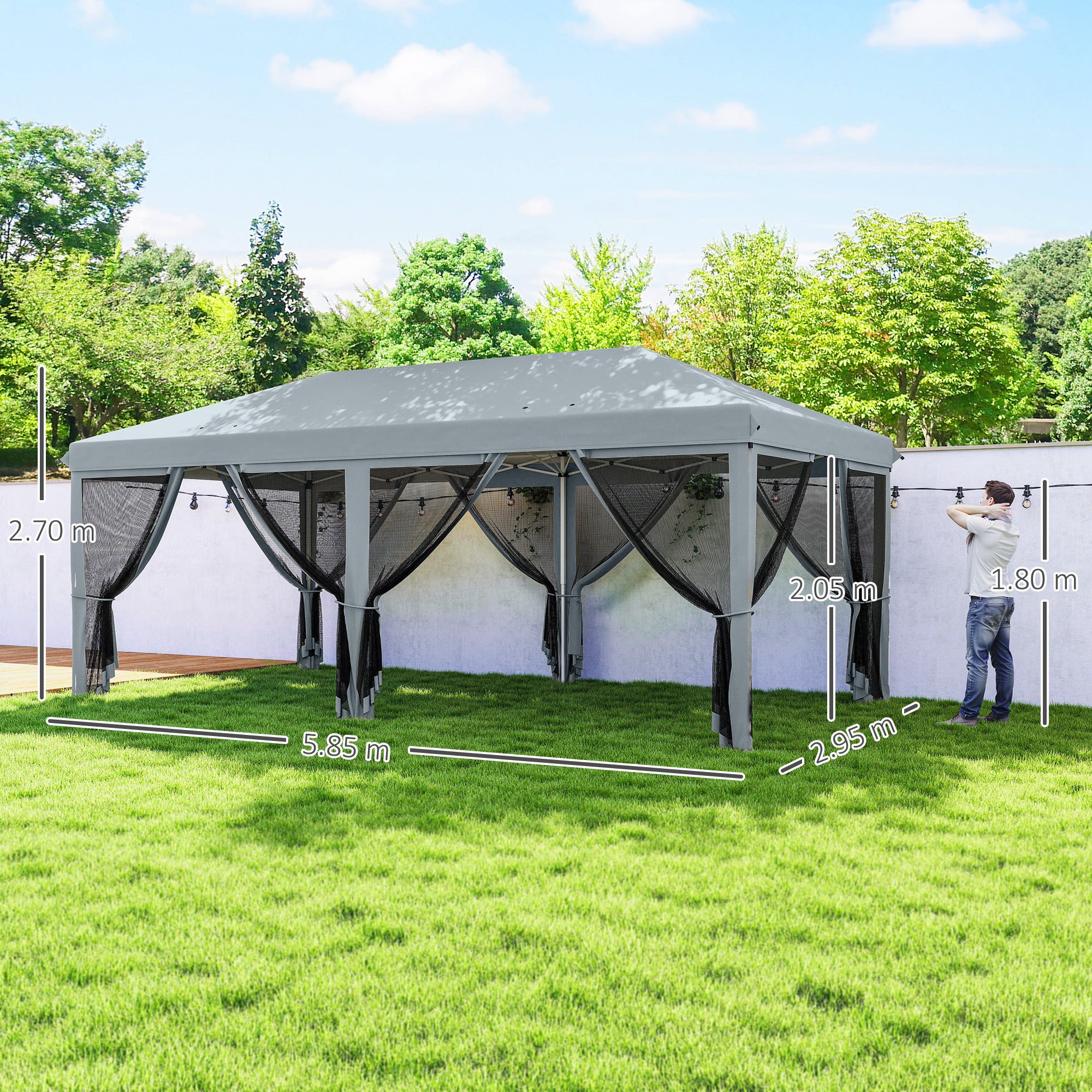 Outsunny 3 x 6m Pop Up Gazebo, Outdoor Canopy Shelter, Marquee Party Wedding Tent with 6 Mesh Walls and Carry Bag, Grey