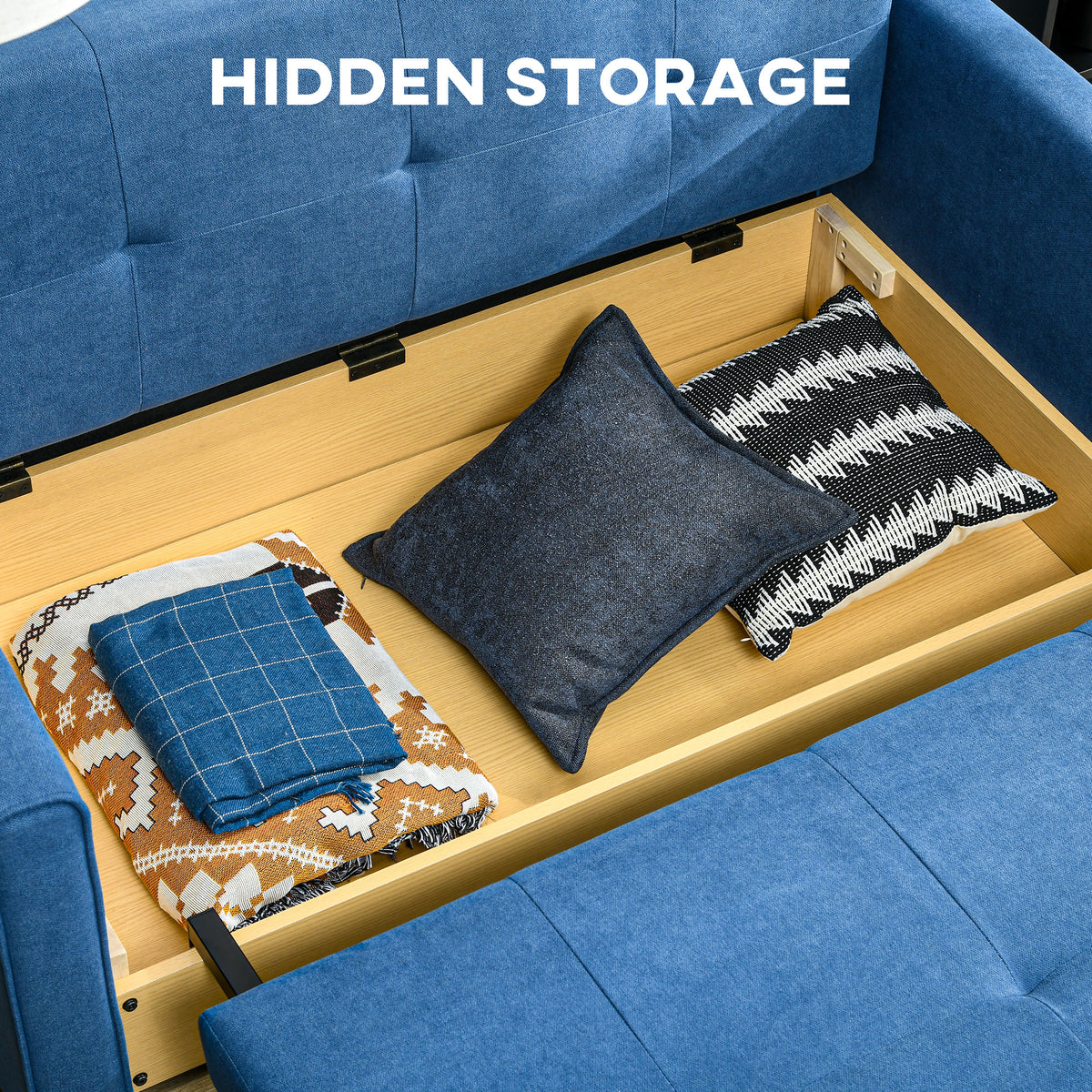 2 Seater Sofa Bed with Hidden Storage, Pull Out Convertible Bed Settee, Modern Snow Flannel Loveseat Sofa Sleeper with 2 Cushions for Living Room, Guest Room, Deep Blue