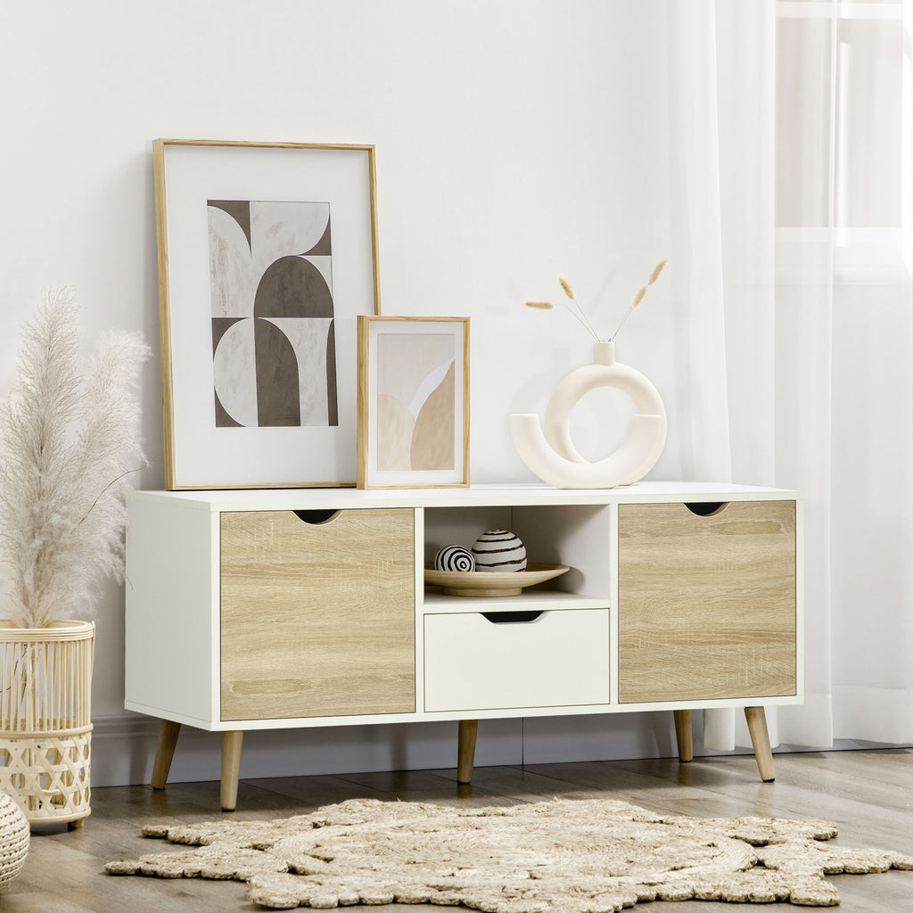 TV Unit Cabinet for TVs up to 50 Inches, TV Stand with Storage Cabinets and Drawer for Living Room and Bedroom, Natural