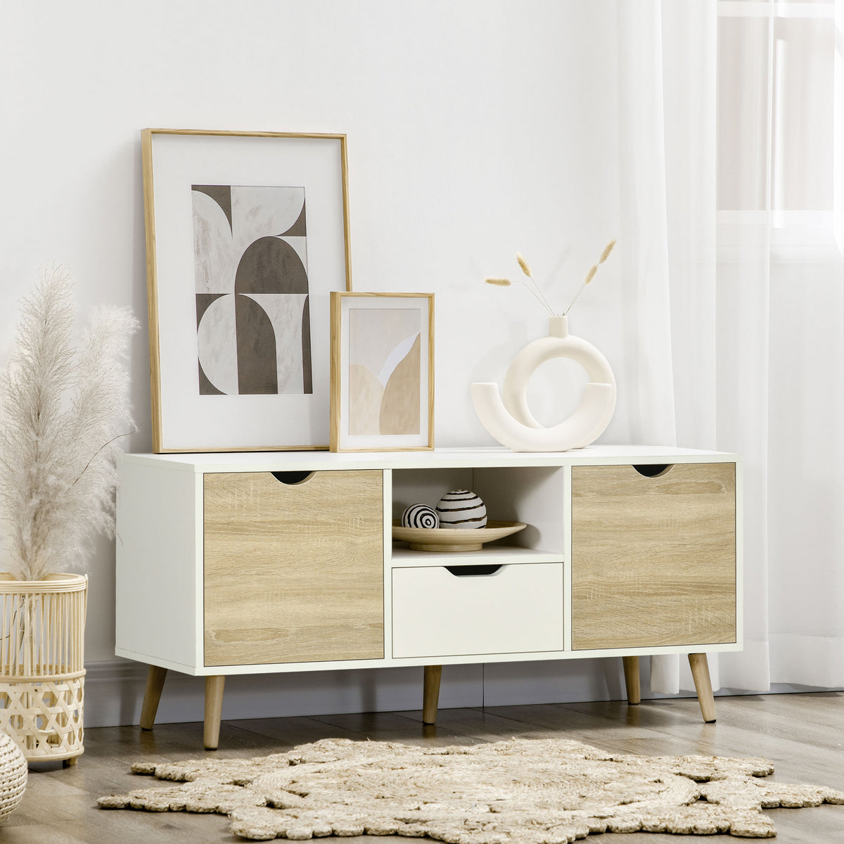 TV Unit Cabinet for TVs up to 50 Inches, TV Stand with Storage Cabinets and Drawer for Living Room and Bedroom, Natural