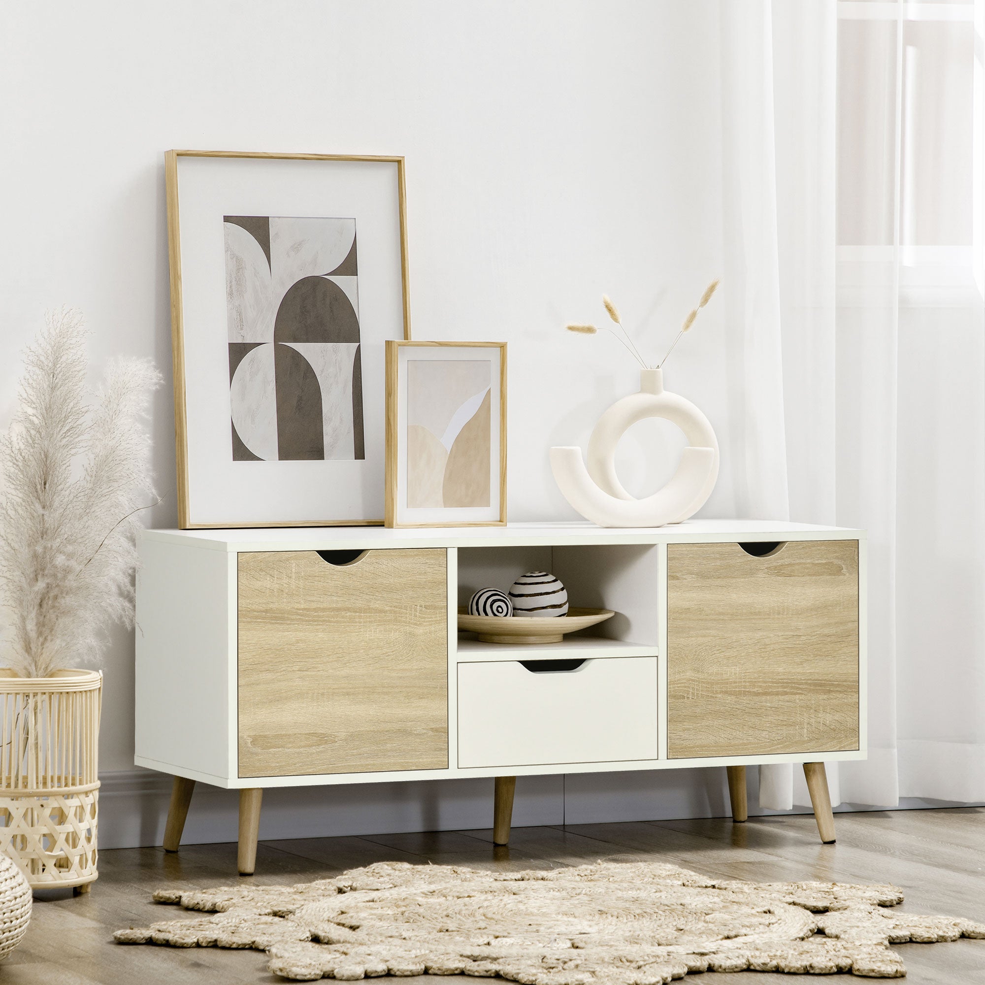 TV Unit Cabinet for TVs up to 50 Inches, TV Stand with Storage Cabinets and Drawer for Living Room and Bedroom, Natural