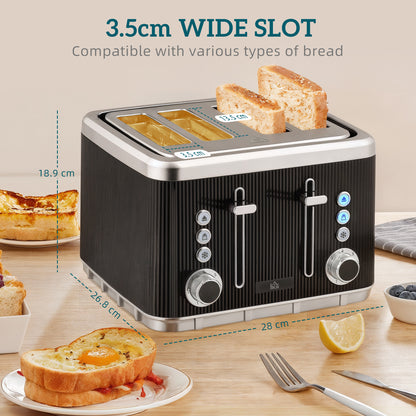 Electric Stainless Steel Kettle and Toaster Set, 3000W 1.7L UK Strix Thermostat Fast Boil Kettle w/ Limescale Filter, Cool Touch Body, 4 Slice Toaster with 7 Browning Levels, Black