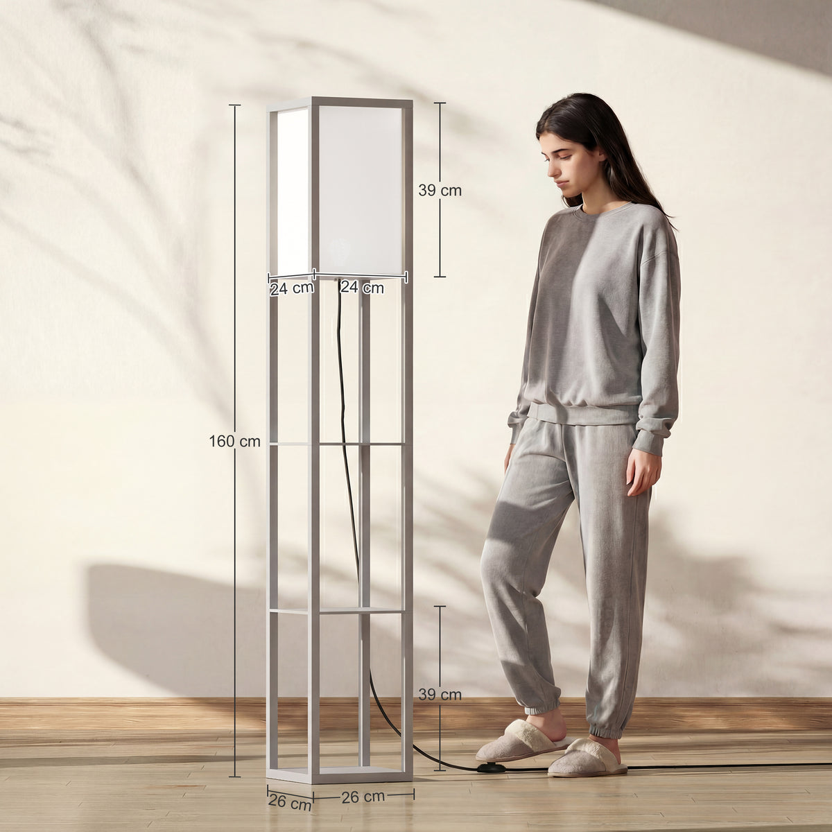 3-Tier Floor Lamp with Shelves and Storage, Modern Corner Standing Lamp with Lampshade, Reading Light with Foot Switch for Living Room, Bedroom, Home Office, Bulb not Included, Grey