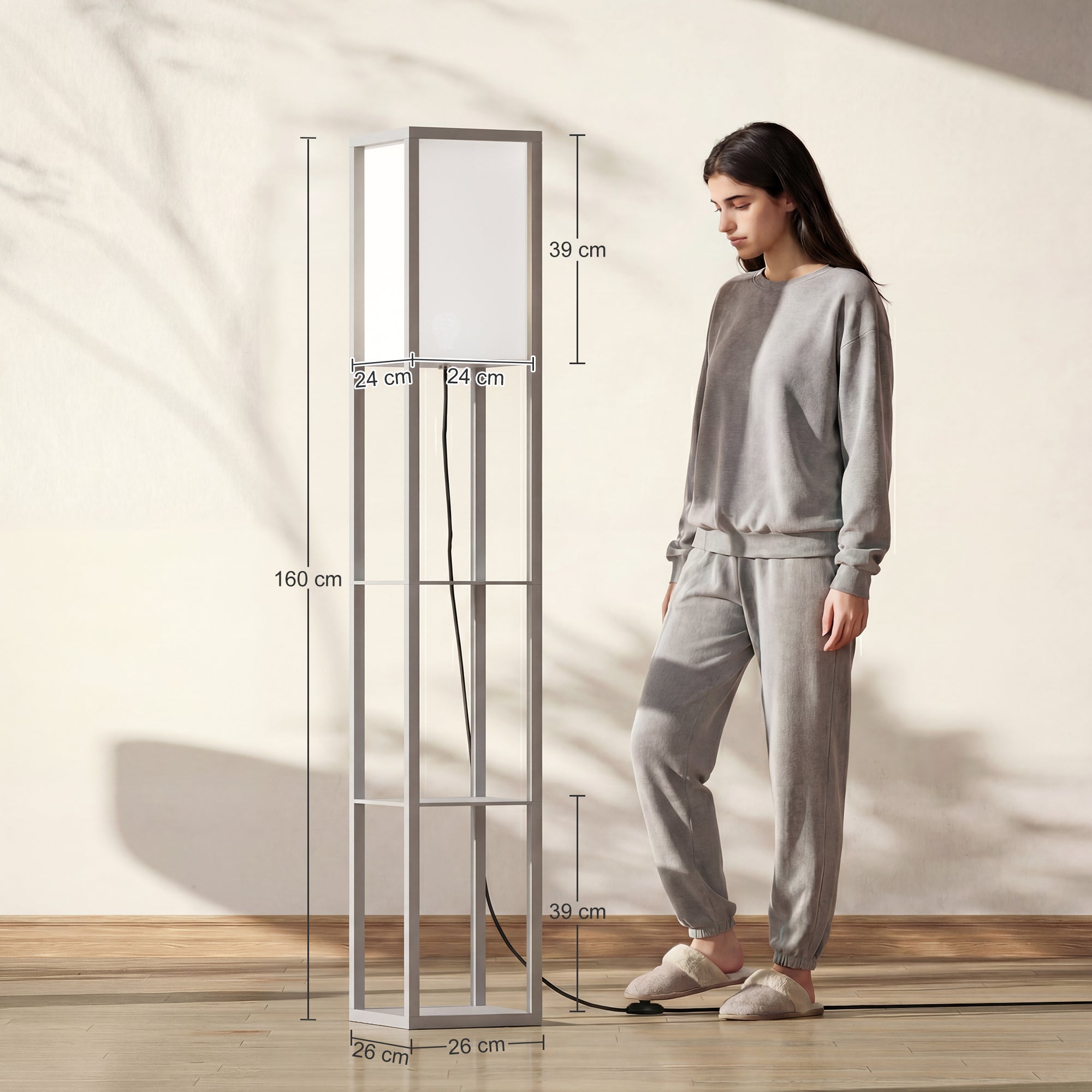 3-Tier Floor Lamp with Shelves and Storage, Modern Corner Standing Lamp with Lampshade, Reading Light with Foot Switch for Living Room, Bedroom, Home Office, Bulb not Included, Grey