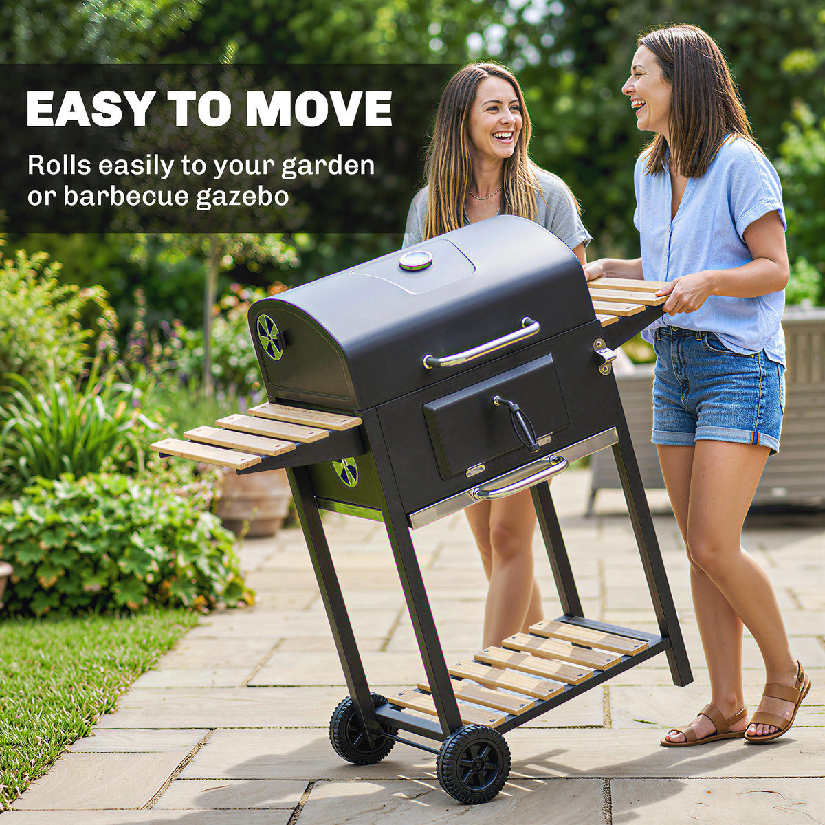 Outsunny Charcoal BBQ Grill with Height Adjustable Charcoal Pan, Barbecue Smoker with Warming Rack, 3 Shelves, Temperature Gauge, Wheels, Bottle Opener for Outdoor Cooking Garden Party