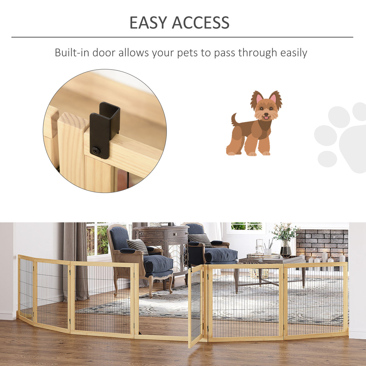 PawHut Wooden Pet Gate, Freestanding Dog Security Barrier with Two Support Feet - Natural Tone