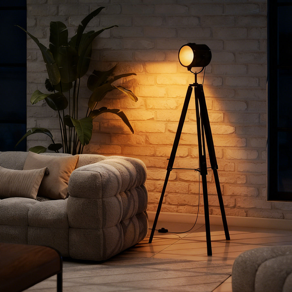 Industrial Tripod Floor Lamp, Nautical Searchlight with Adjustable Height, Wood Legs, E14 Lamp Base for Living Room, Bedroom, Black
