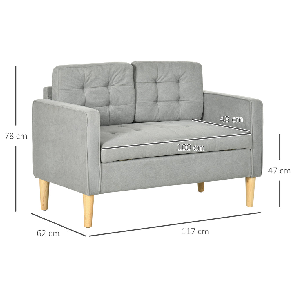 HOMCOM 2 Seater Storage Sofa, Fabric Couch with Hidden Under Seat Storage, Thick Cushions, Compact Space Saving Settee with Rubberwood Legs for Living Room, Apartment, Light Grey