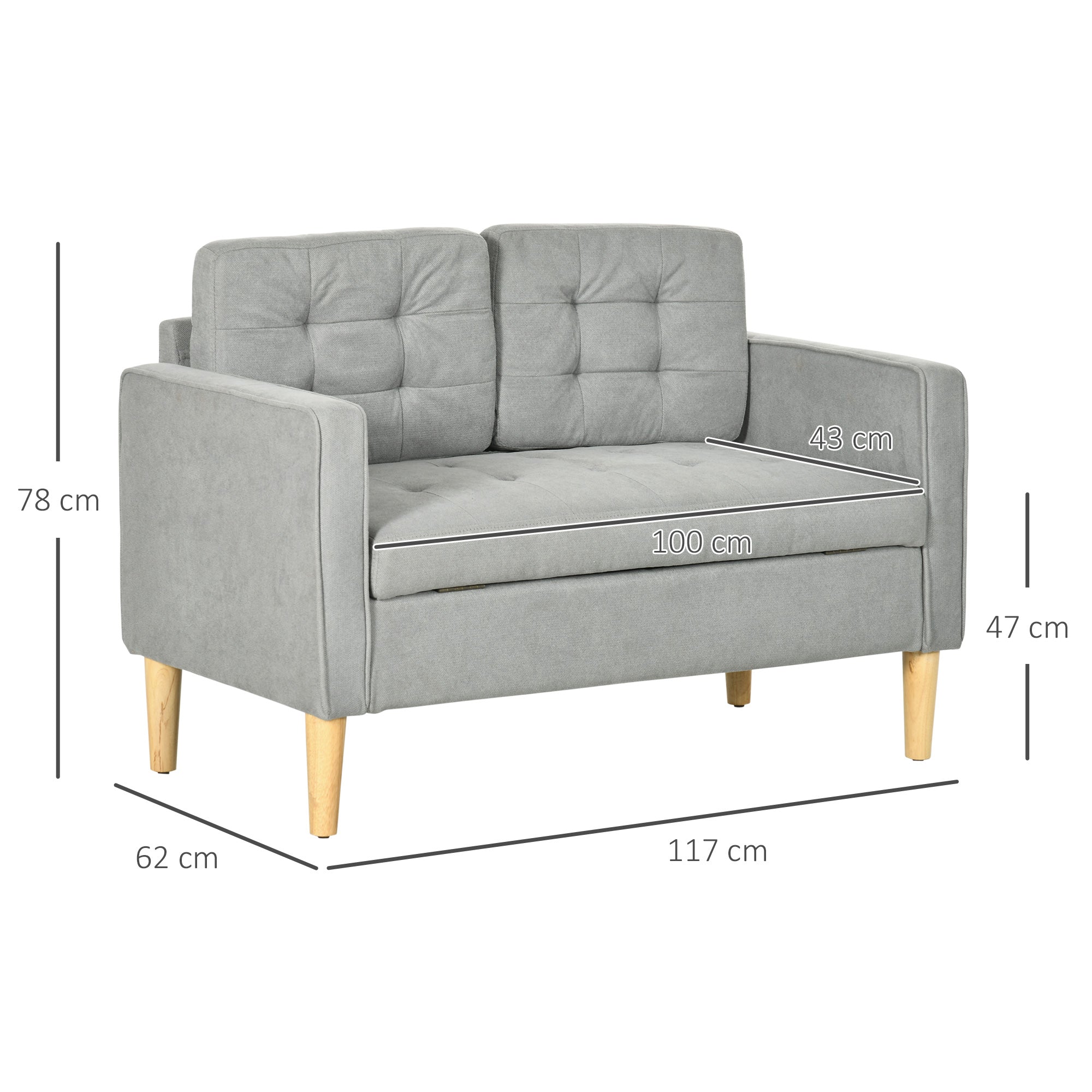 HOMCOM 2 Seater Storage Sofa, Fabric Couch with Hidden Under Seat Storage, Thick Cushions, Compact Space Saving Settee with Rubberwood Legs for Living Room, Apartment, Light Grey