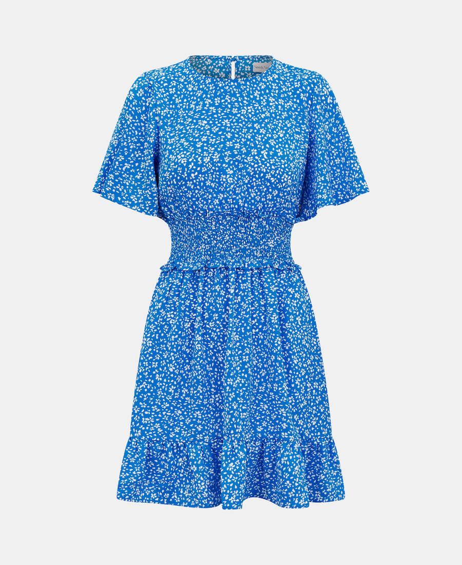 Blue Shirred Waist Mini Dress