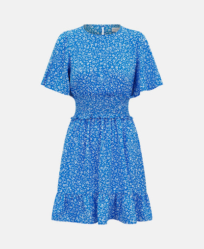 Blue Shirred Waist Mini Dress