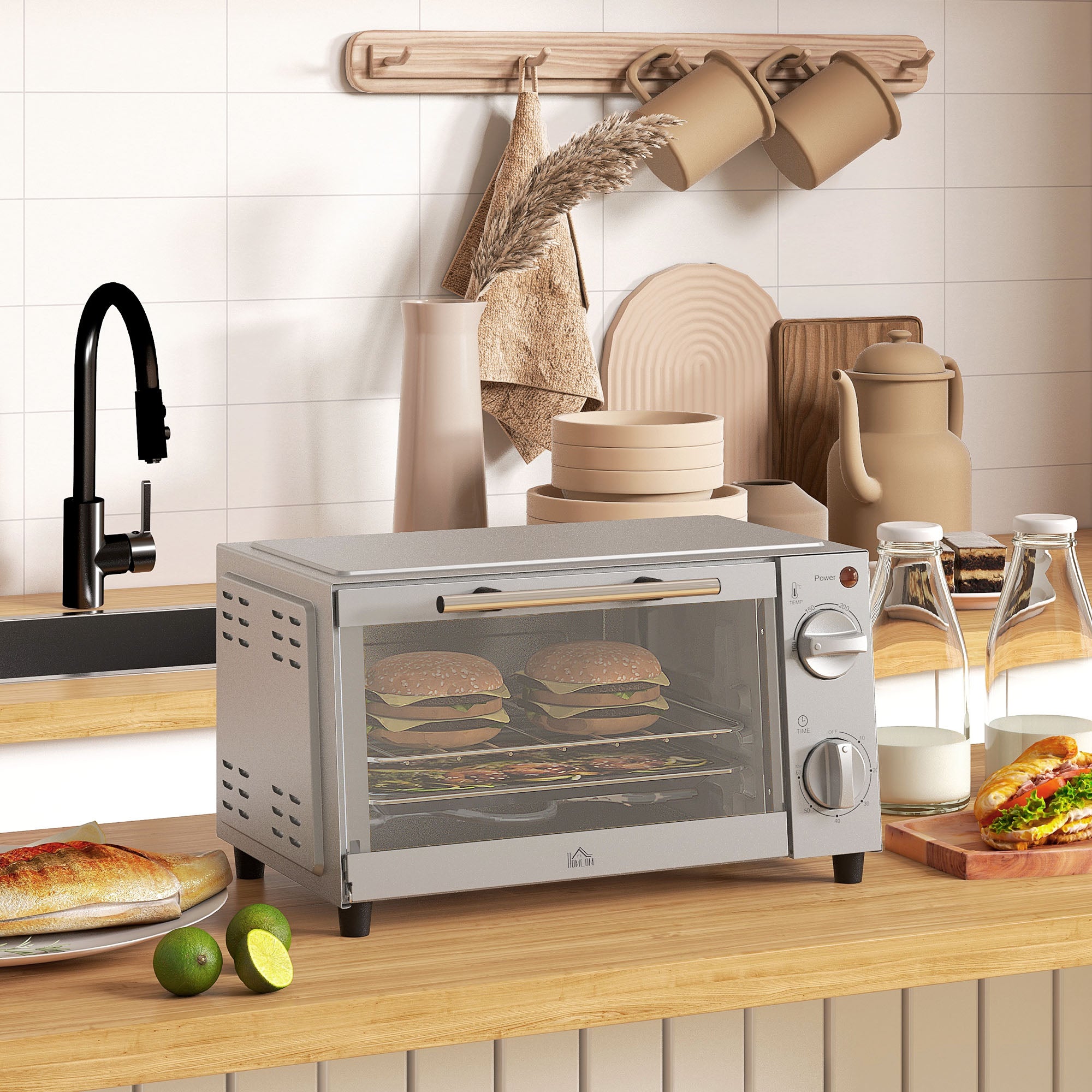 Mini Oven, 9L Countertop Electric Grill, Toaster Oven with Adjustable Temperature, Timer, Dishwasher Safe Baking Tray and Wire Rack, 750W, Silver