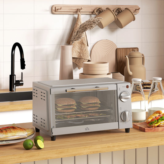 Mini Oven, 9L Countertop Electric Grill, Toaster Oven with Adjustable Temperature, Timer, Dishwasher Safe Baking Tray and Wire Rack, 750W, Silver