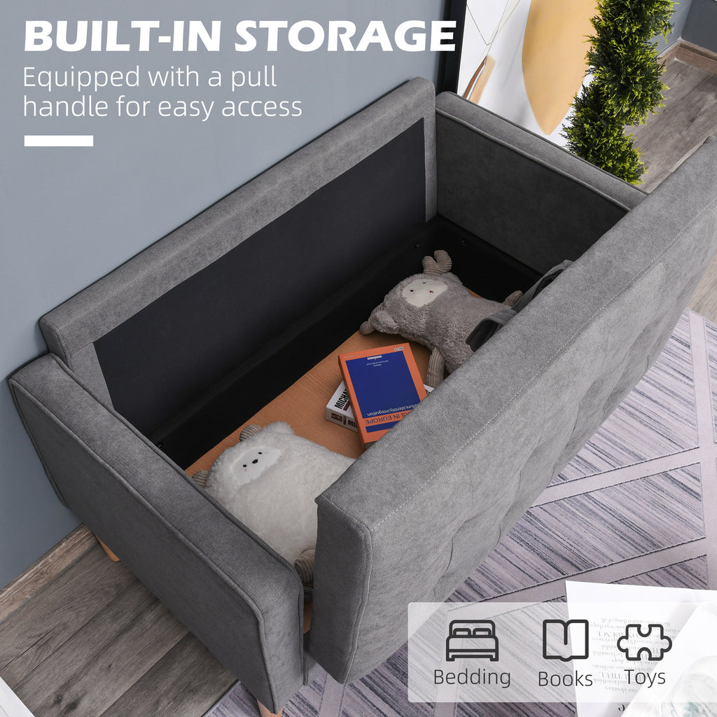 HOMCOM 2 Seater Storage Sofa, Fabric Couch with Hidden Under Seat Storage, Thick Cushions, Compact Space Saving Settee with Rubberwood Legs for Living Room, Apartment, Grey