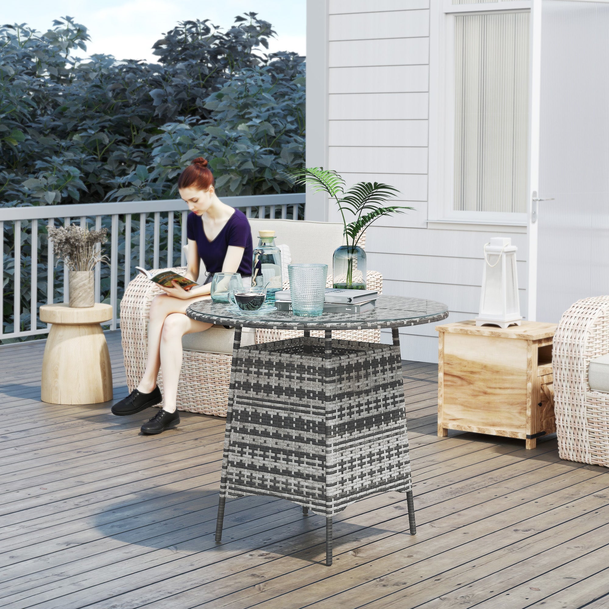 Outsunny Wicker Garden Rattan Table, Patio Furniture Outdoor Coffee Table with Umbrella Hole and Tempered Glass Top, Grey