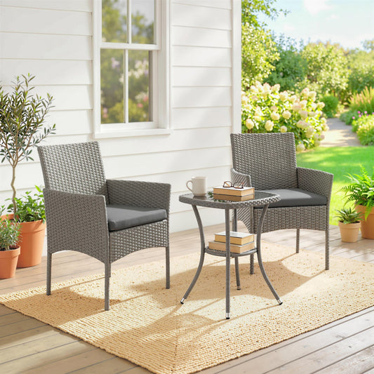 Outsunny 3 Piece Rattan Bistro Set, PE Wicker Garden Furniture Conversation Set with 2 Tier Glass-Top Table, Chairs, Dark Grey