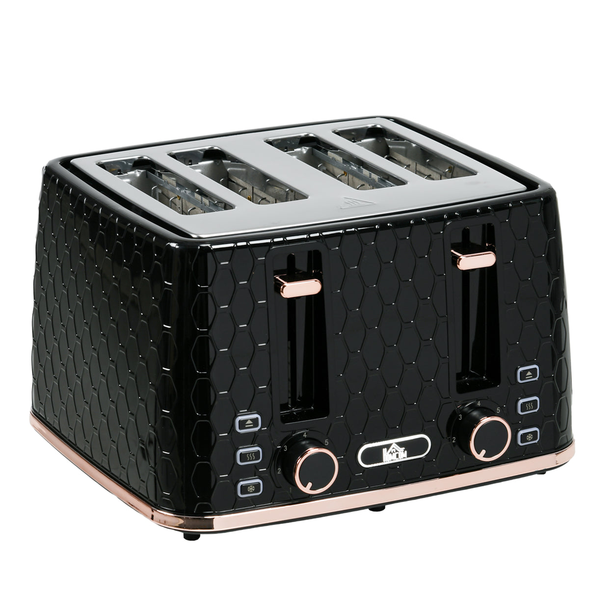 4 Slice Toaster with 7 Browning Levels, High Lift, Reheat/Defrost/Cancel, Self-centring Function, Removable Crumb Tray, Auto Off, 1600W, Black Honeycomb Texture