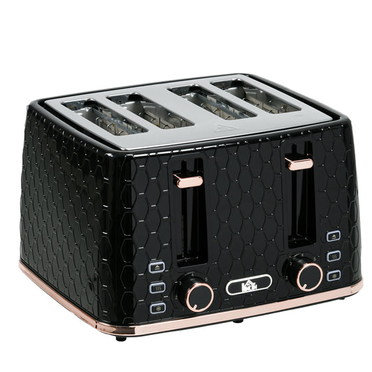 4 Slice Toaster with 7 Browning Levels, High Lift, Reheat/Defrost/Cancel, Self-centring Function, Removable Crumb Tray, Auto Off, 1600W, Black Honeycomb Texture