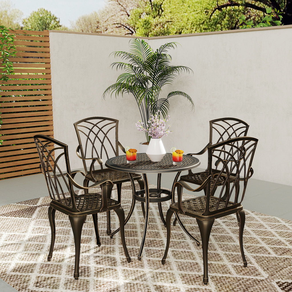 Outsunny 5 Pieces Garden Dining Set for 4, Cast Aluminium Outdoor Dining Set with 4 Armchairs and Round Dining Table with Parasol Hole, Garden Furniture Bistro Set, Bronze Tone