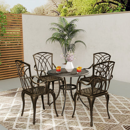 Outsunny 5 Pieces Garden Dining Set for 4, Cast Aluminium Outdoor Dining Set with 4 Armchairs and Round Dining Table with Parasol Hole, Garden Furniture Bistro Set, Bronze Tone