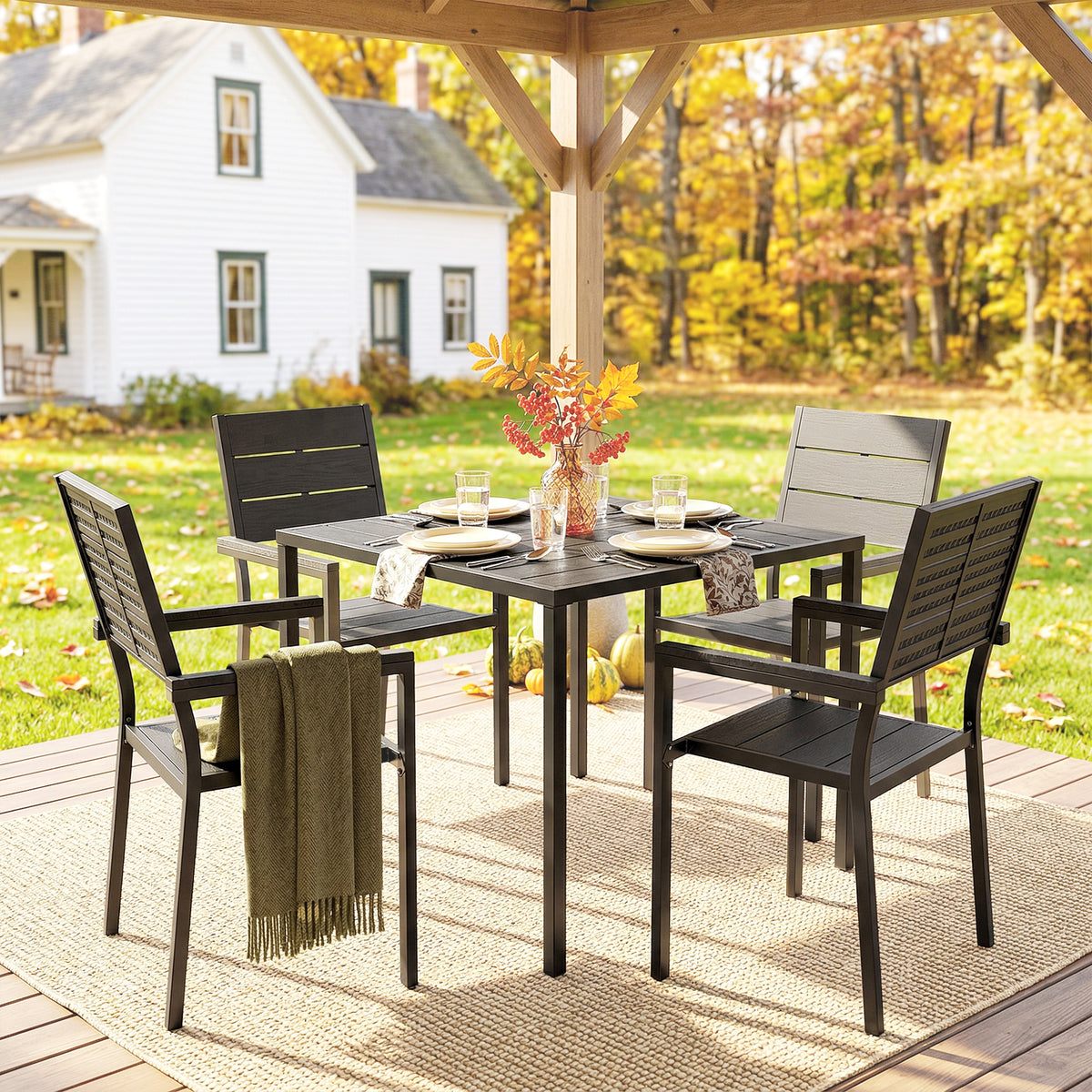 Outsunny 5 Pieces Garden Dining Set, Garden Table and Chairs Set for 4 with Square HDPE Table and Chairs with Armrests, Black