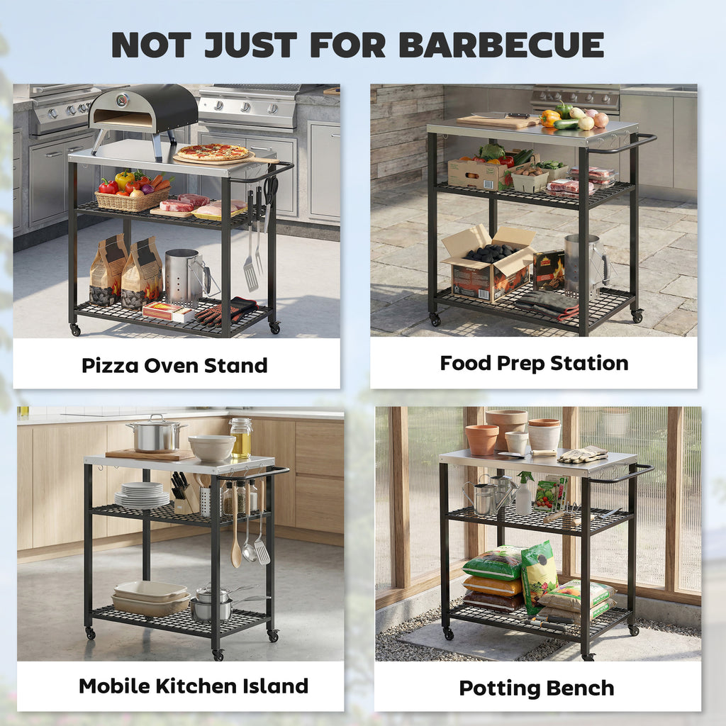 Outsunny Outdoor Grill Cart with Stainless Steel Tabletop, 3-Tier Pizza Oven Stand with 2 Shelves, 6 Hooks, Wheels, Black