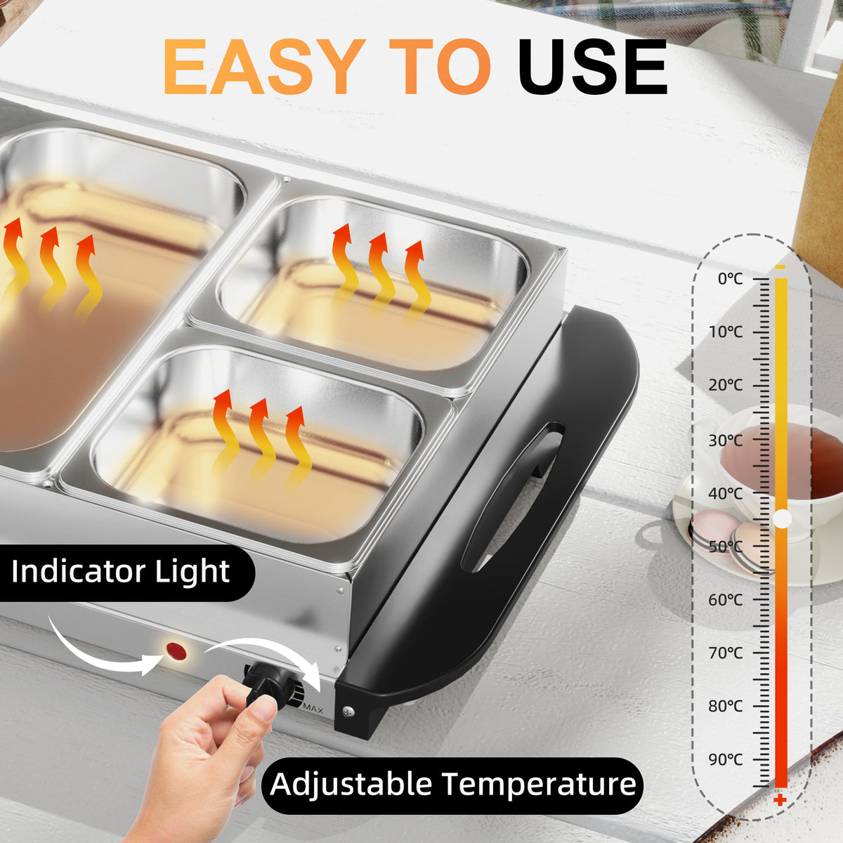 4 Tray Electric Food Warmer Buffet Server with Warming Plate, Cool Touch Handles, Adjustable Temperature, 300W, 2 x 2.4L and 2 x 1L Pans