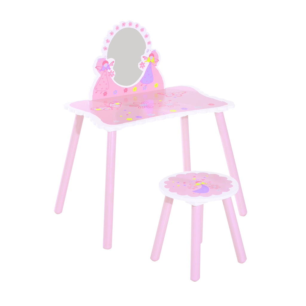 HOMCOM Kids Dressing Table Girls Pink Wooden Kids Dressing Table & Stool Make Up Desk Chair Toys Fairy Dresser Play Set w/Mirror
