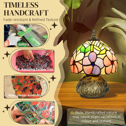 Tiffany-Style Table Lamp with Sculpted Dragonfly Base, Handcrafted Classic Stained Glass Bedside Lamp for Living Room and Bedroom, E27 Socket, Pink