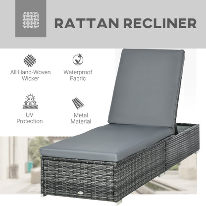 Outsunny PE Rattan Sun Lounger, Five-Position Adjustable Recliner Lounger Chair with Soft Padded Cushion for Patio, Mixed Grey