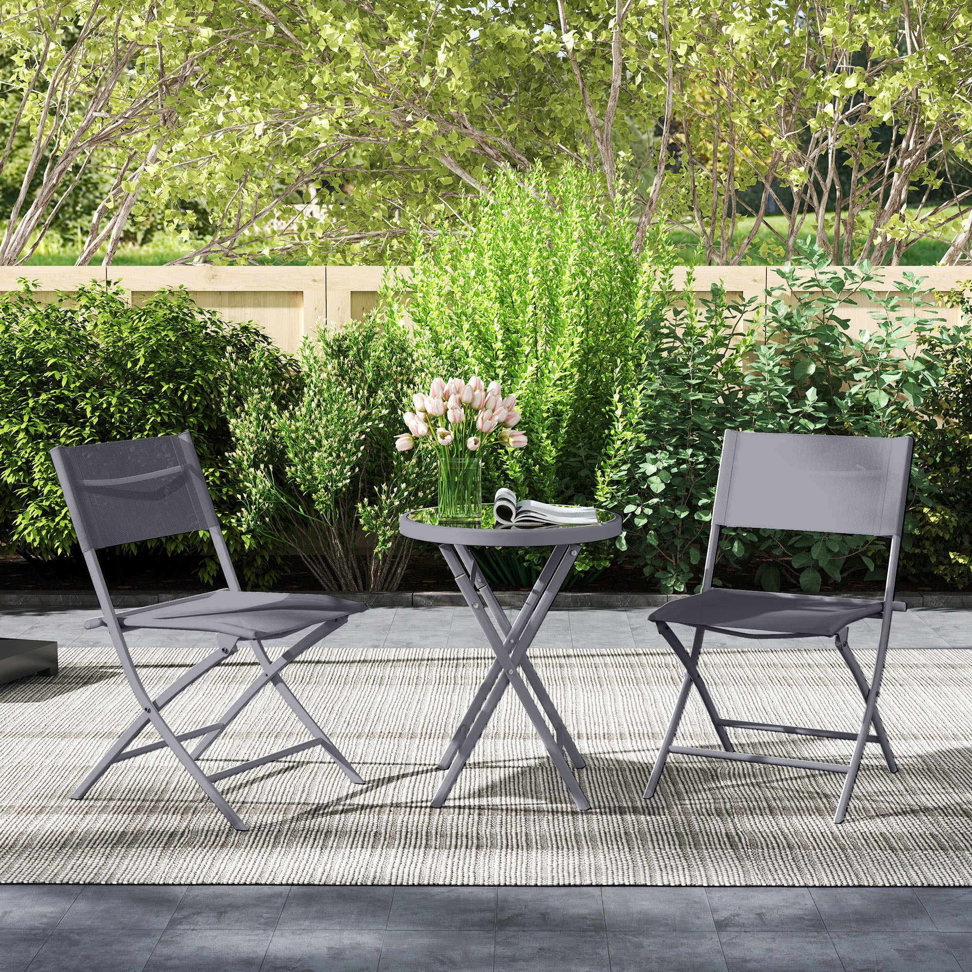 Outsunny 3 Pieces Outdoor Bistro Set, Glass Top Outdoor Table and 2 Folding Chairs with Protecting Feet, Grey