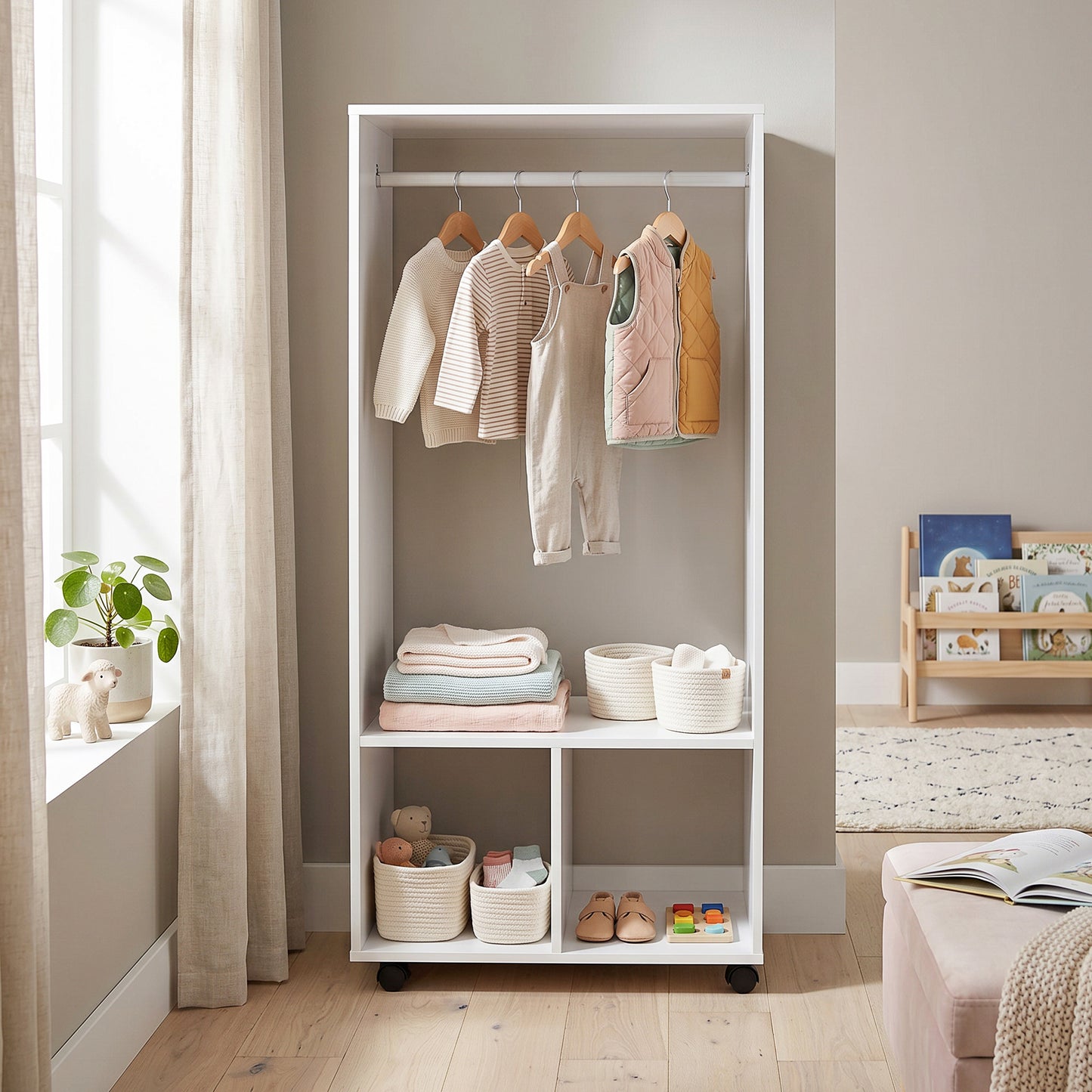 Open Wardrobe on Wheels, Bedroom Wardrobe with Clothes Hanging Rail, 2 Storage Shelves, Mobile Garment Rack for Cloakroom, Hallway, White