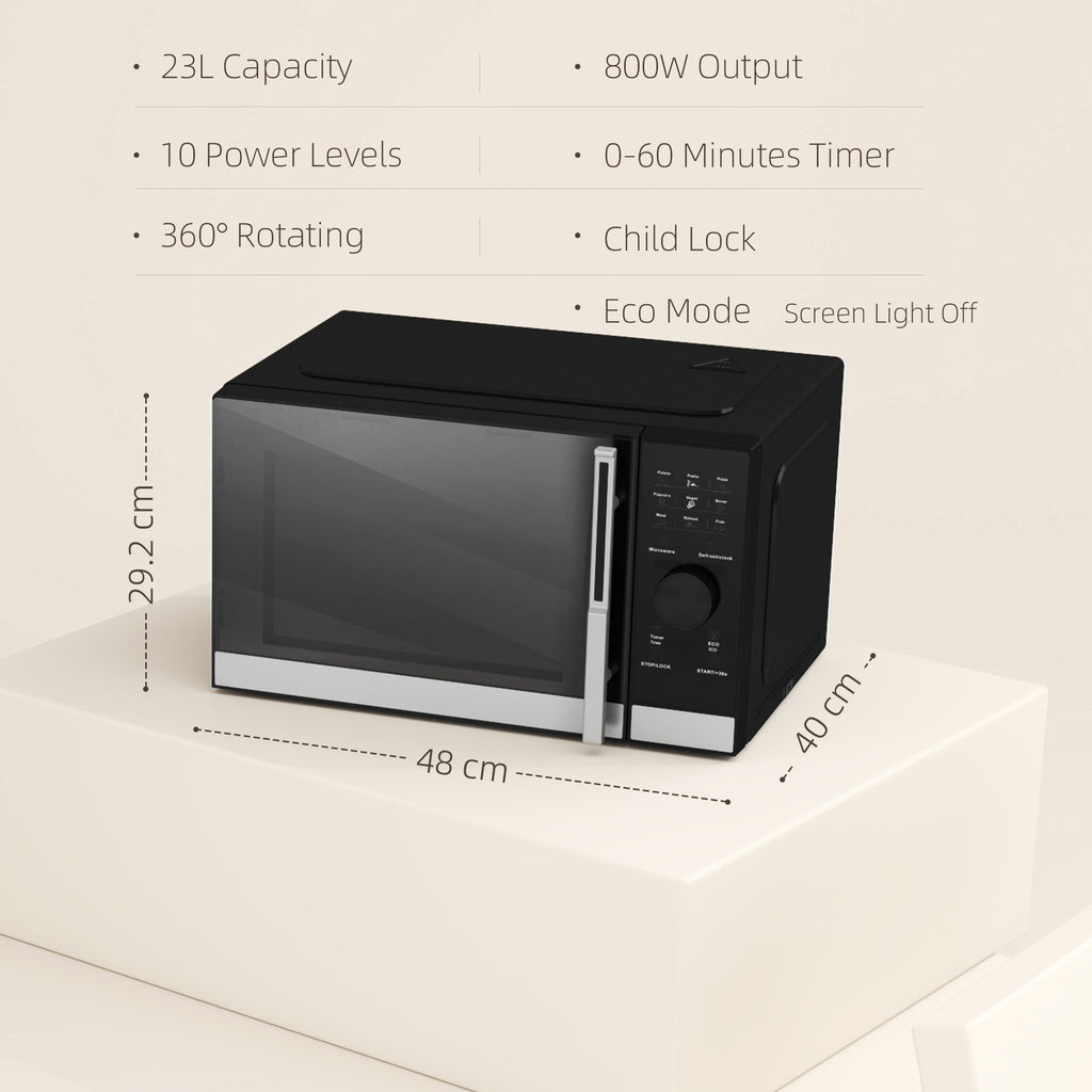23L 800W Microwave Oven, Digital Solo Microwave with 10 Power Levels, Automatic Defrost, 8 Auto Cook Menus, 60 Minutes Timer, Clock, Easy Clean, Small Black Microwave