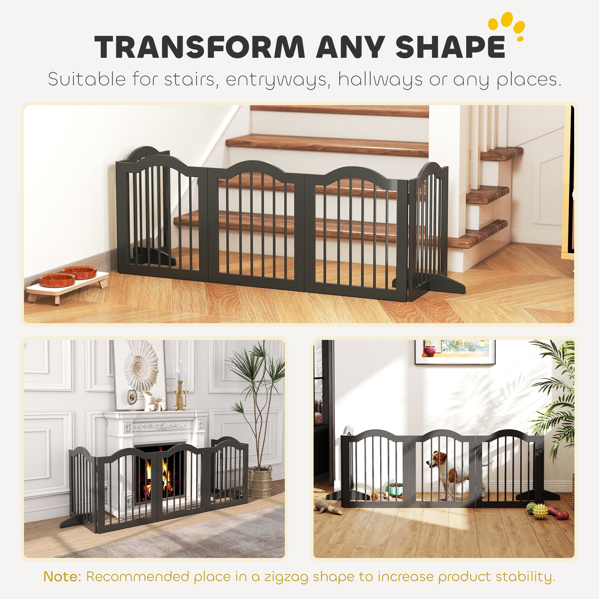 PawHut Wooden Foldable Dog Gate Panel Pet Fence Freestanding Safety Barrier for the House, Doorway, Stairs (Black)