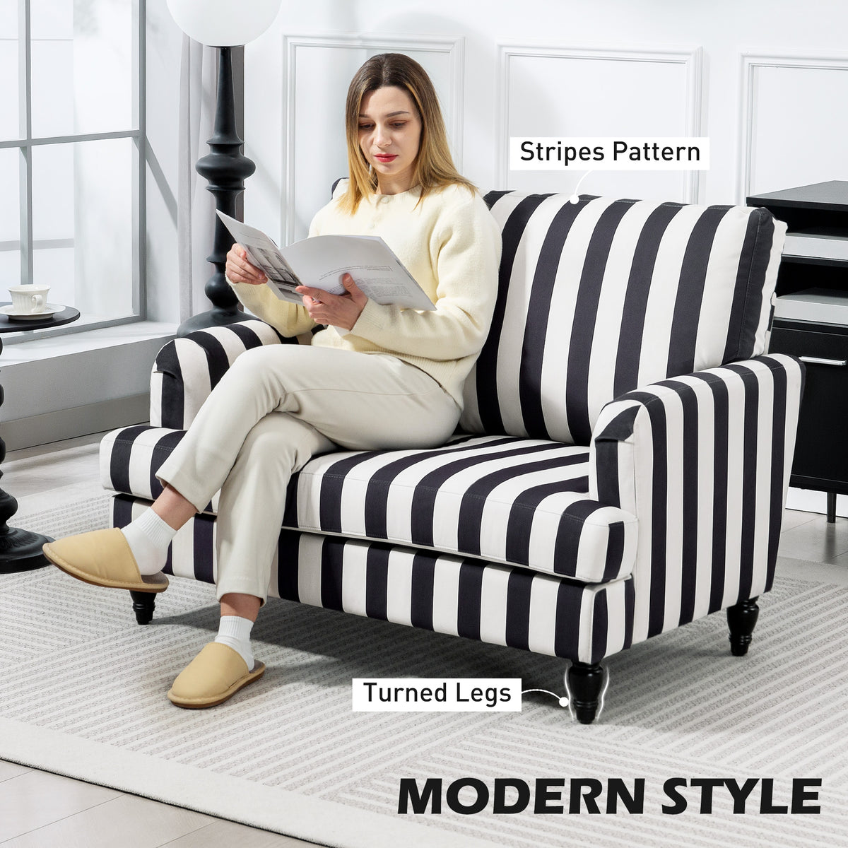 Modern Cuddle Chair, Velvet Single Sofa Armchair with Stripe, Turned Legs and Wide Seat, Upholstered Snuggle Chair for Living Room, Bedroom, Black and White