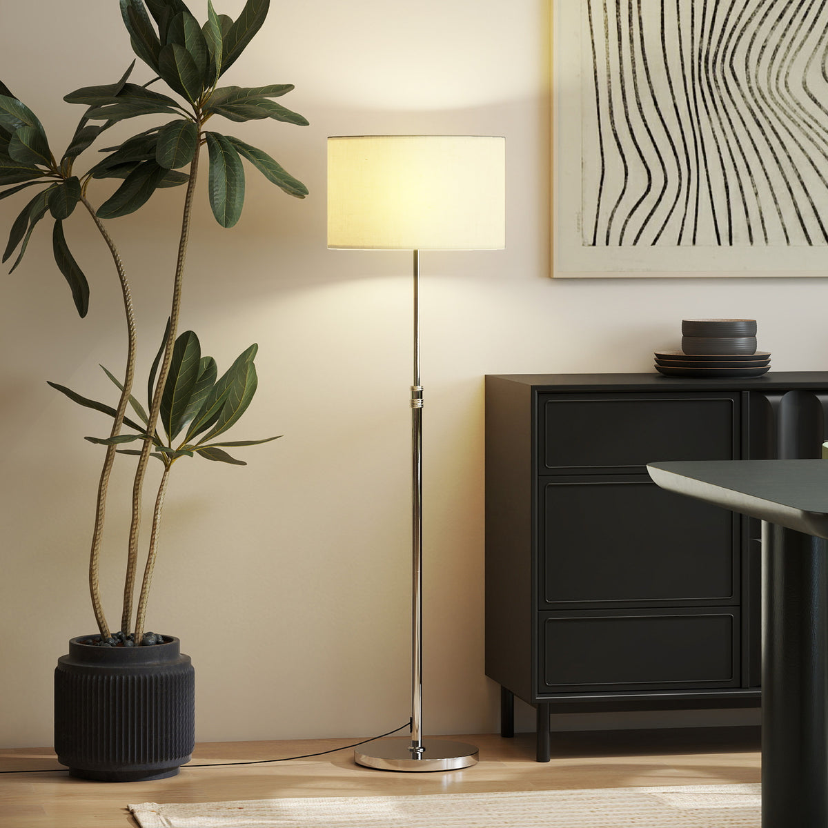 Floor Lamp with Remote, Height Adjustable Standing Lamp with Linen Shade, Dimmable with 3000K-6000K Adjustable Colour Temperatures, Foot Switch for Living Room Bedroom Office, Silver Tone