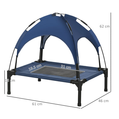 PawHut Outdoor Dog Bed with Removable Canopy, Portable Raised Dog Bed for Camping, Garden & Beach, Water-Resistant UV-Protection Mesh Pet Cot Sun Lounger, for Small Pets, 61 x 46 x 62 cm, Dark Blue