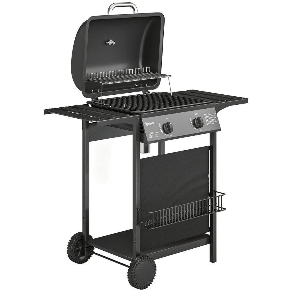 Outsunny Gas Burner Barbecue Grill, 2 Burner Gas Grill with Side Tables, Warming Rack, Shelf, Thermometer, Grease Tray, Black